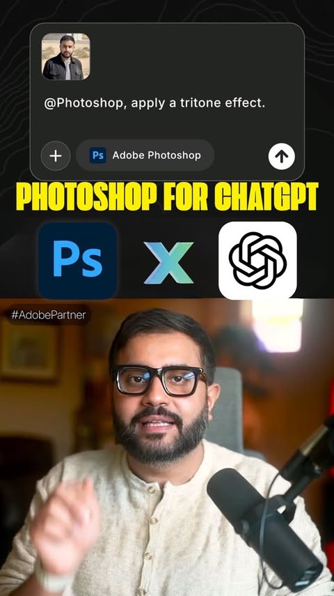 Instagram post by @bilawal.ai for Adobe Photoshop. Caption reads: Use @photoshop inside ChatGPT — no install....