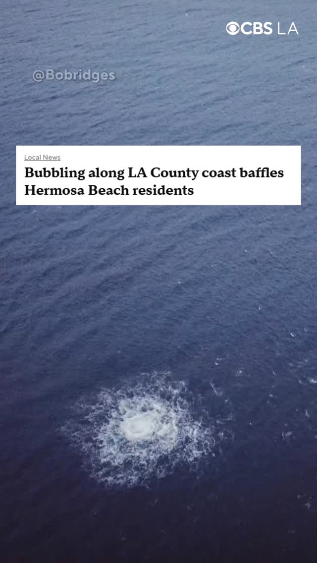 Instagram post by @bobridges for CBS News. Caption reads: Mysterious bubbles off the coast of Hermosa Beach....