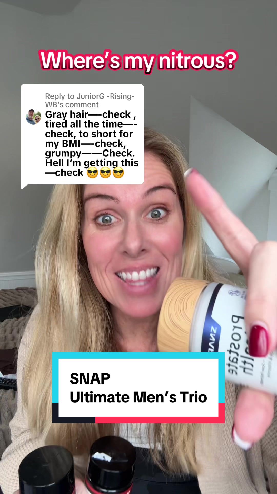 TikTok post by @givingnoshitsat50 for Snap Supplements. Caption reads: Replying to @JuniorG -Rising-WB those Andropause....