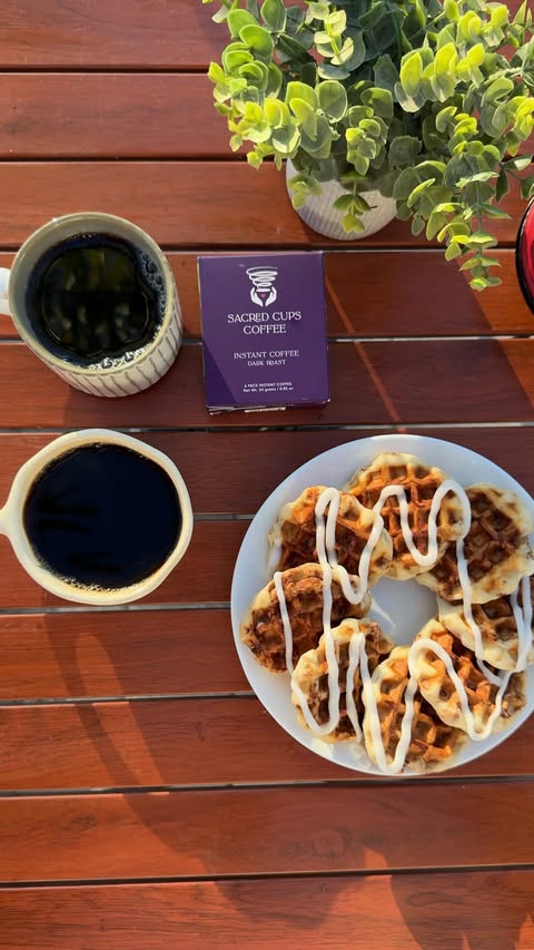 Instagram post by @madisonxtyler for Purity Coffee. Caption reads: Breakfast truly tastes better outside🏕️🧇 Even....