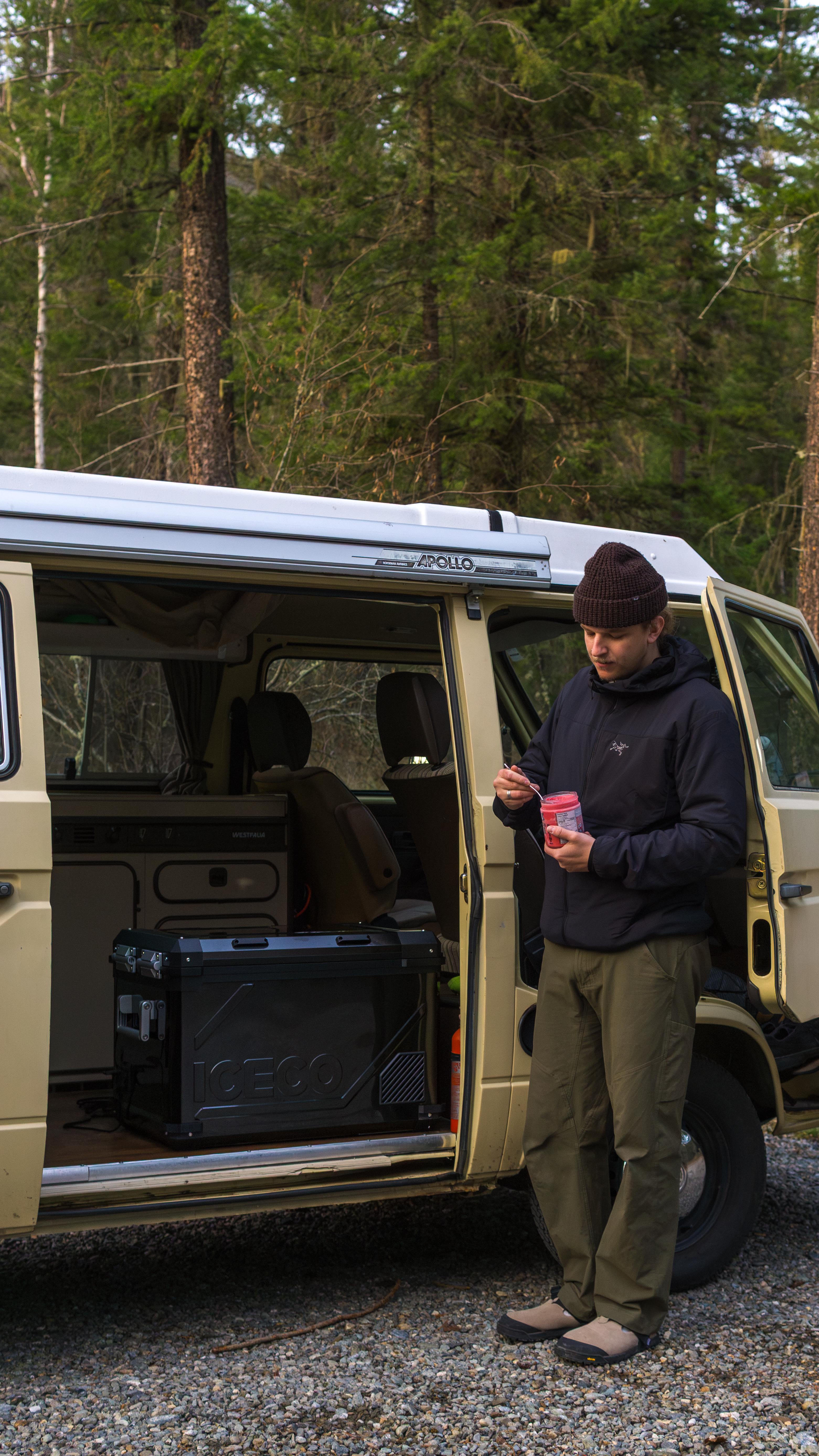 Instagram post by @austin_lowen for – ICECOFREEZER. Caption reads: Upgrading my van life setup with the @icecofreezer....