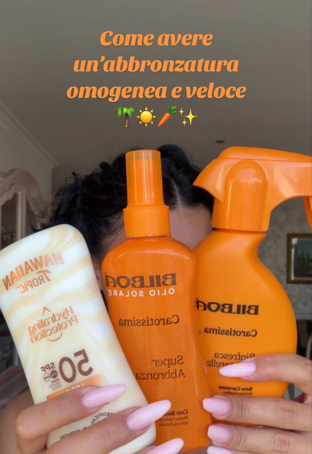 TikTok post by @giuliebeauty for Hawaiian Tropic. Caption reads: [...] velocemente🌴☀️🥕✨ @Hawaiian Tropic • #tan....