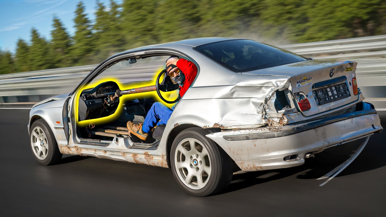 YouTube post by @MotoKoty for carVertical. Caption reads: We made a BMW E46 controlled from the back seat.