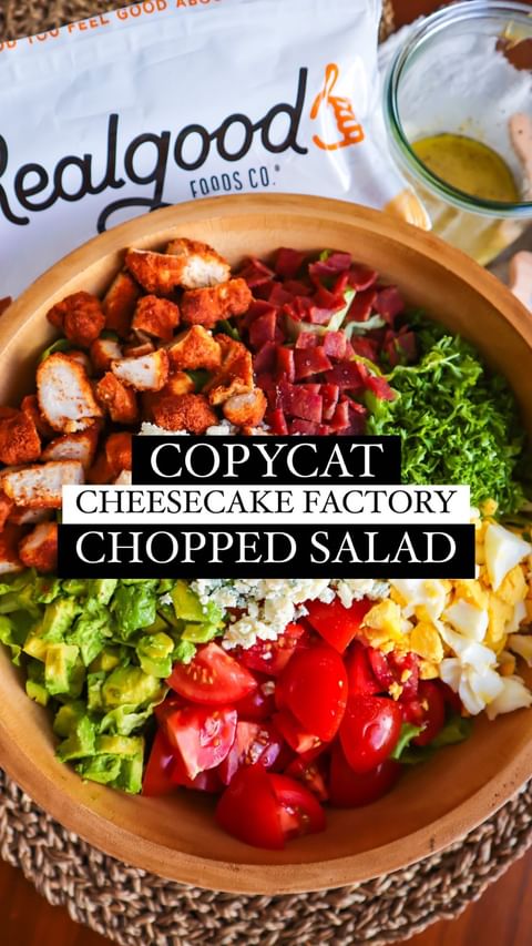 Instagram post by @jazzleaf_ for Real Good Foods. Caption reads: SAVE THIS FOR LATER 💫

Copycat Cheesecake Factory....