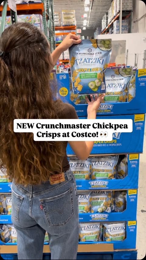 Instagram post by @costco.savvy for Crunchmaster Crackers. Caption reads: NEW @crunchmastercrackers Chickpea Crisps spotted....