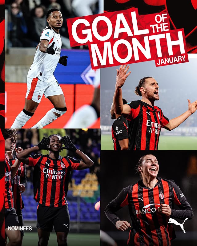 Instagram post by @acmilanwomen for PUMA Football. Caption reads: Make it count 🗳️ Vote for your January Goal of....