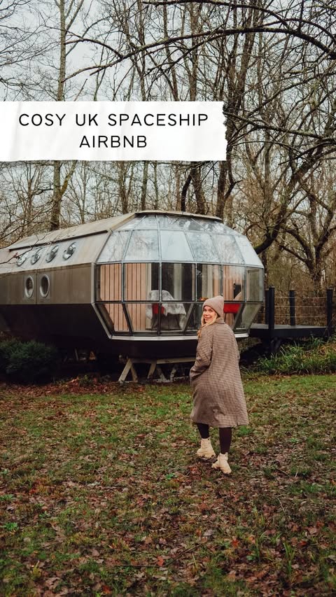 Instagram post by @sandymakessense for Airbnb. Caption reads: AD Unique spaceship Airbnb in the UK 🌳 One of the....