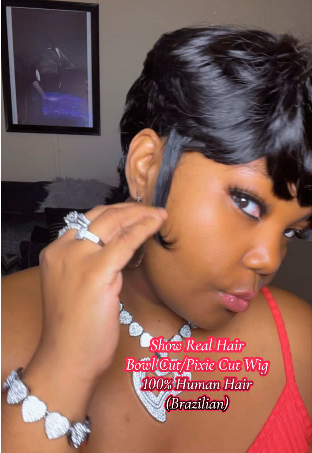 TikTok post by @shenekiaraqual for Showreal Human Hair. Caption reads: You don’t have to cut your hair to rock a 90’s....