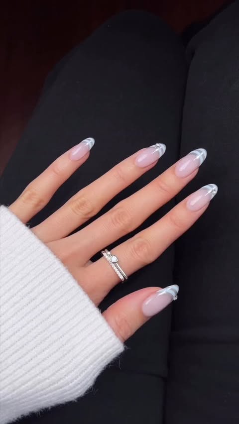 Instagram post by @nailsbyalsn for MEJURI. Caption reads: [...] blue + chrome striped tips to match my....