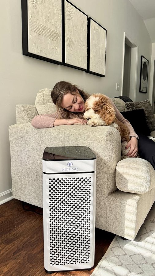 Instagram post by @busekkamci for Medify Air. Caption reads: [...] love comes with extra allergens! 🐾 My....