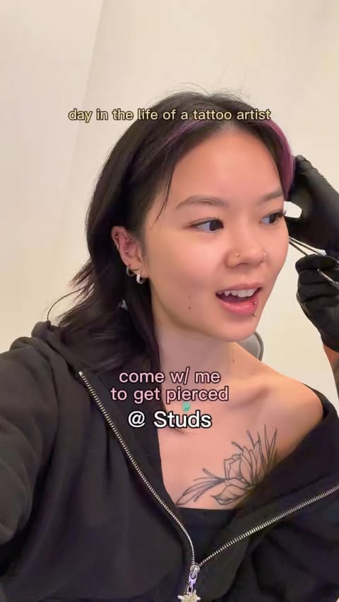 Instagram post by @bitchybink for Studs. Caption reads: day in the life of a piercee? gifted by @studs....