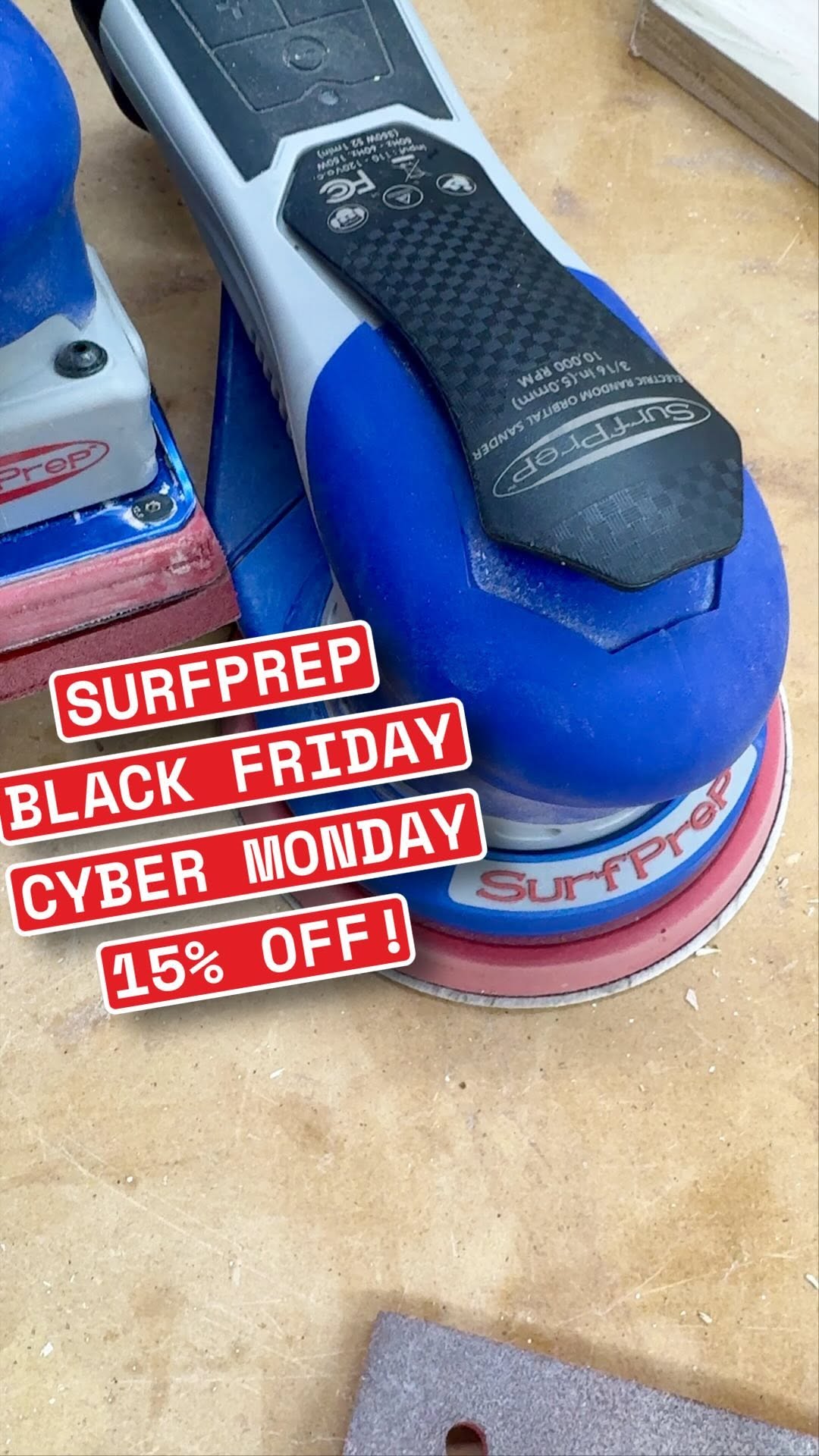 Instagram post by @littlebugwoodworking for SurfPrep sanding. Caption reads: [...] 15% on just about everything at....