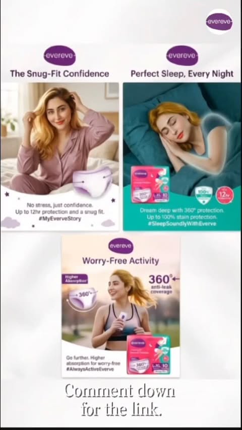 Instagram post by @_amritasethi for Evereve Period Protection. Caption reads: Comfort, confidence, and leak-free....