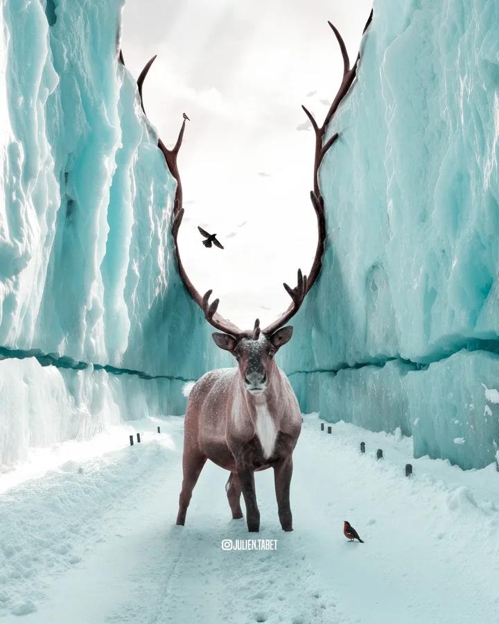 Instagram post by @julien.tabet for Adobe Photoshop. Caption reads: Close Reach 🦌🧊
"I watched the reindeer raise his....