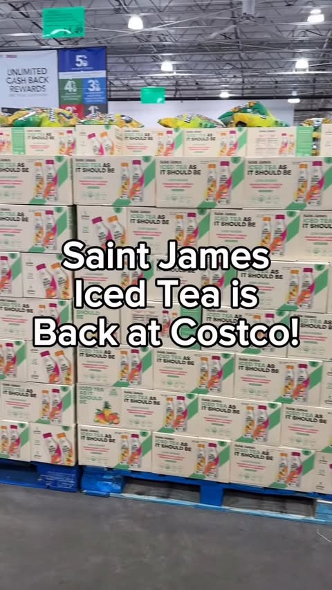 Instagram post by @costcohype for Saint James Iced Tea. Caption reads: @saintjamesicedtea Organic Brewed Iced Tea is back....