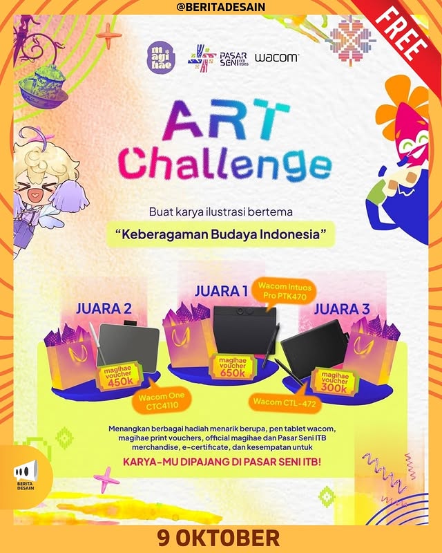 Instagram post by @beritadesain for Wacom. Caption reads: [...] antara Pasar Seni ITB, Magihae dan Wacom,....