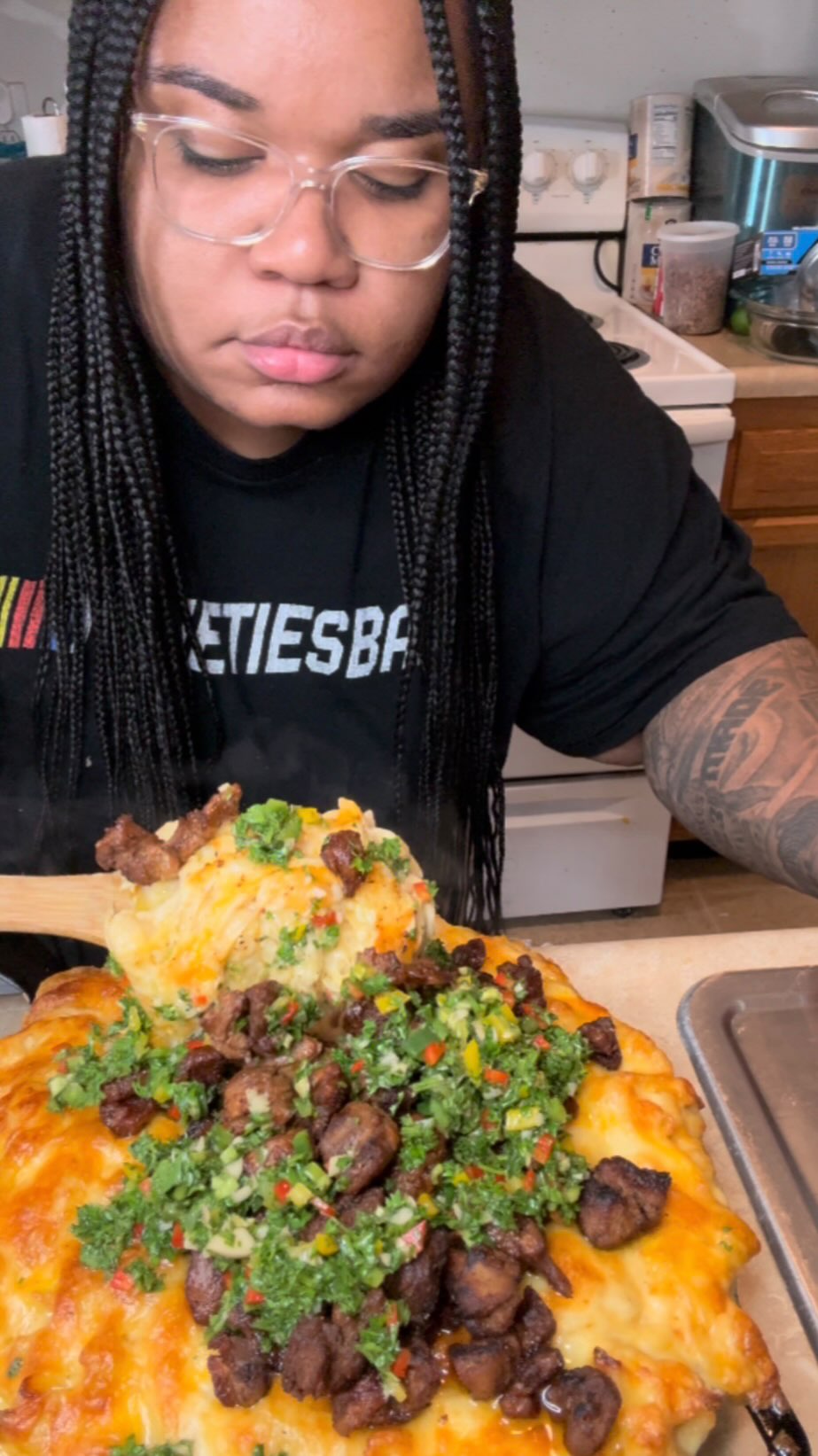 Instagram post by @cookupki for Impossible Foods. Caption reads: Let’s talk FLAVOR. I made a chimichurri mac &....