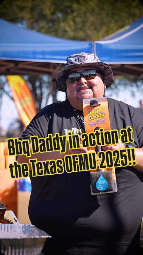 Instagram post by @adventuresofafatguy for Scrub Daddy. Caption reads: Demo’ing the one and only Bbq Daddy at the Texas....