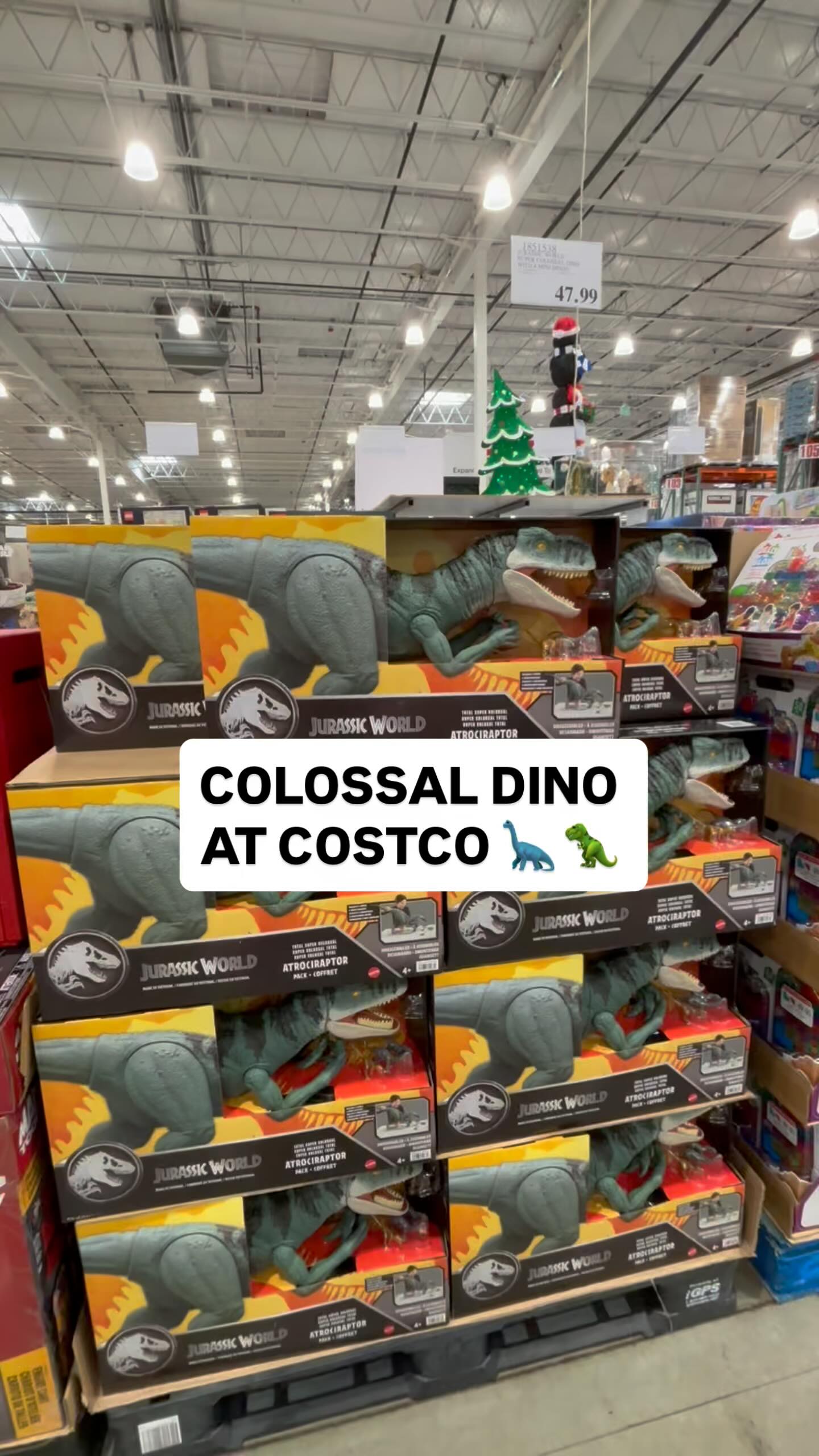 Instagram post by @costcofam4u for Jurassic World. Caption reads: 🦖✨ Jurassic World Super Colossal Dino + 4 Mini....