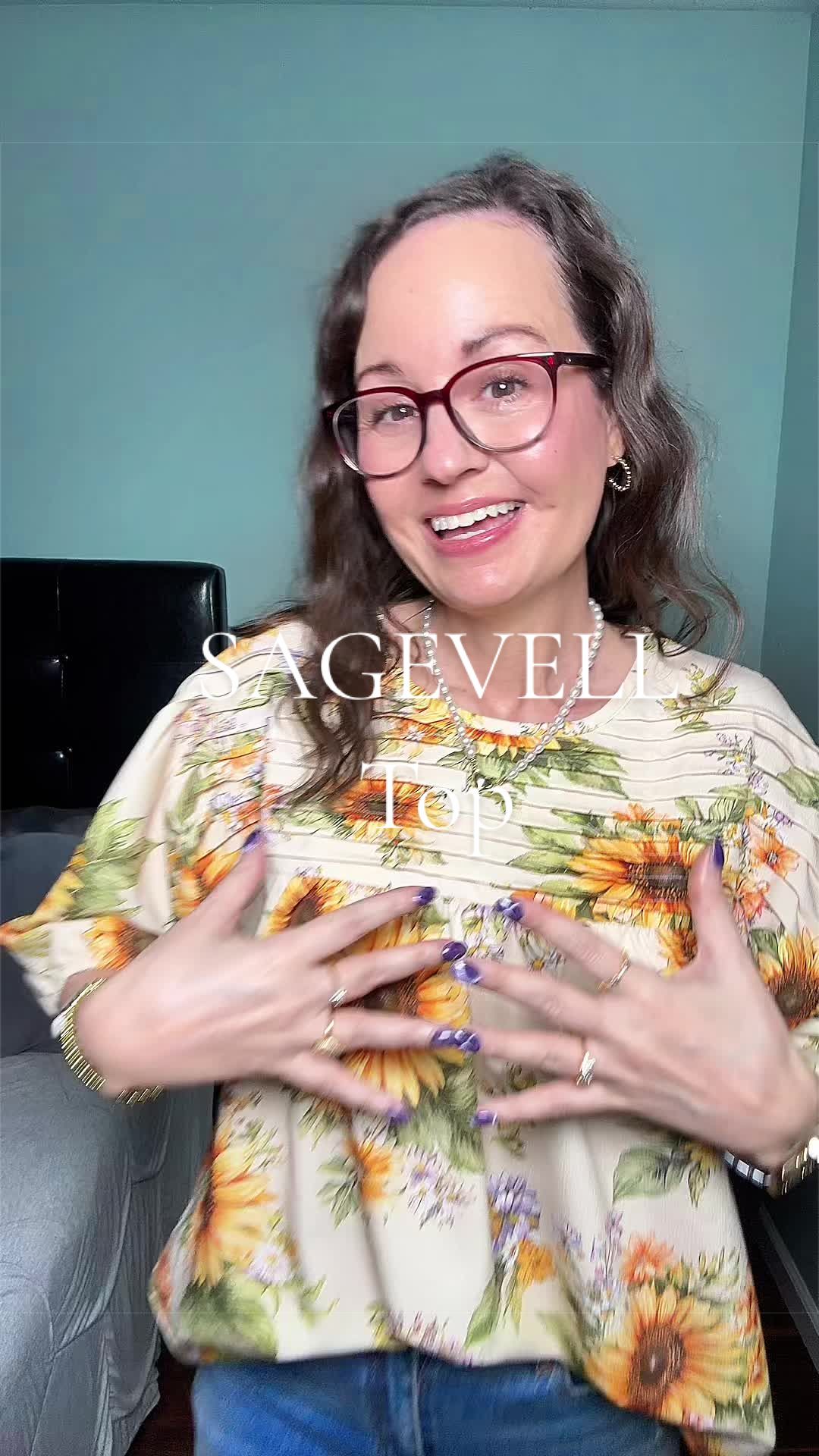 TikTok post by @tishstewart1 for SageVell. Caption reads: Beautiful Sunflower Top🌻 #sagevell #blouse....
