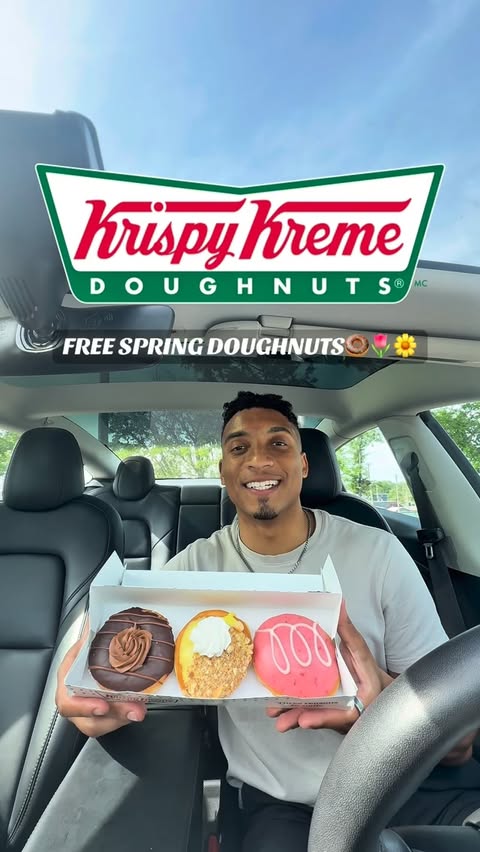 Instagram post by @nateeatss for Krispy Kreme Doughnuts. Caption reads: FREE SPRING DOUGHNUTS @krispykreme 🍩🌷🌼‼️....
