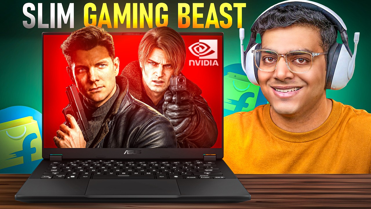 YouTube post by @LazyAssassin for NVIDIA GeForce Russia. Caption reads: Slim and Light Gaming Laptop | Asus TUF Gaming A14....