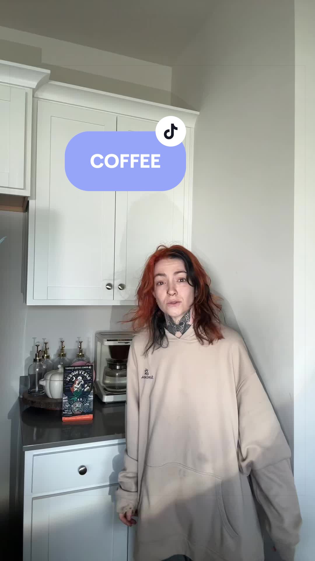 TikTok post by @crunchymomsourdough for Bones Coffee Company. Caption reads: [...] #morningroutine #coffeetiktok @Bones Coffee....