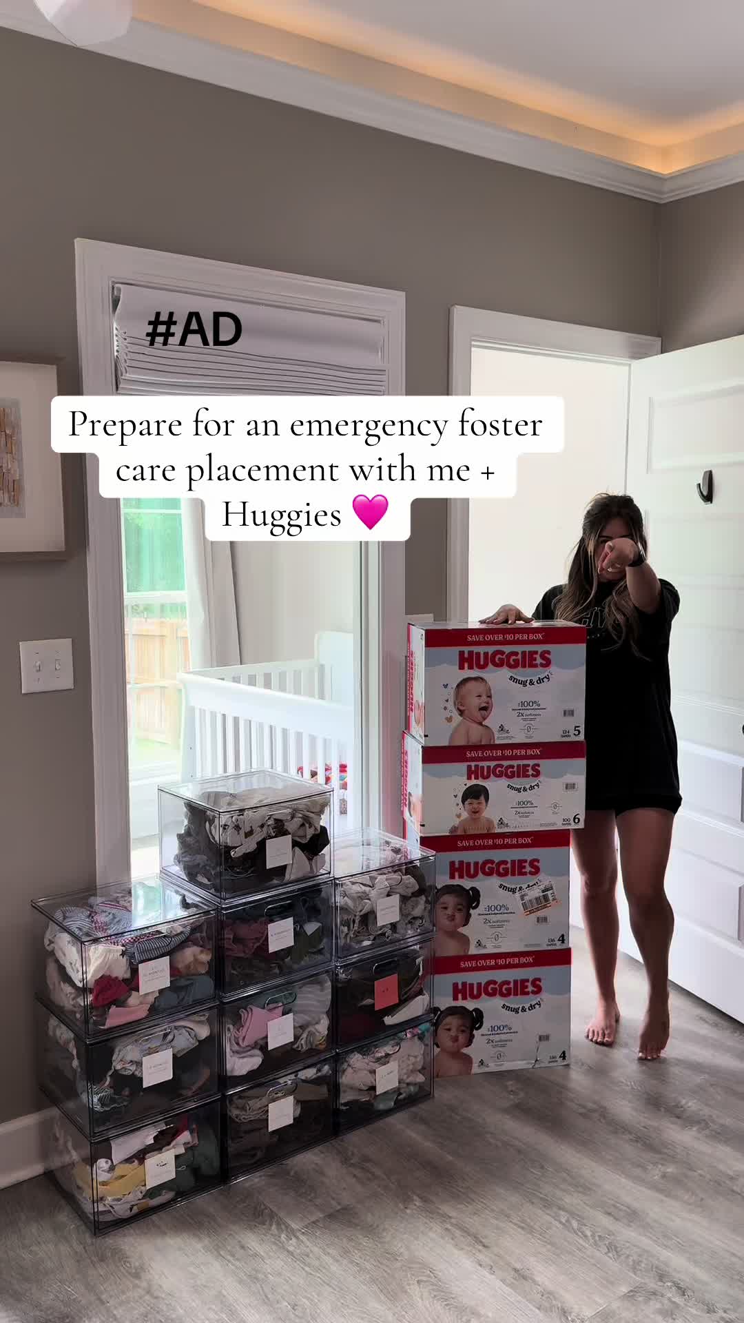 TikTok post by @jeannemariefam for Huggies. Caption reads: #AD #TargetPartner Prepare for an emergency foster....