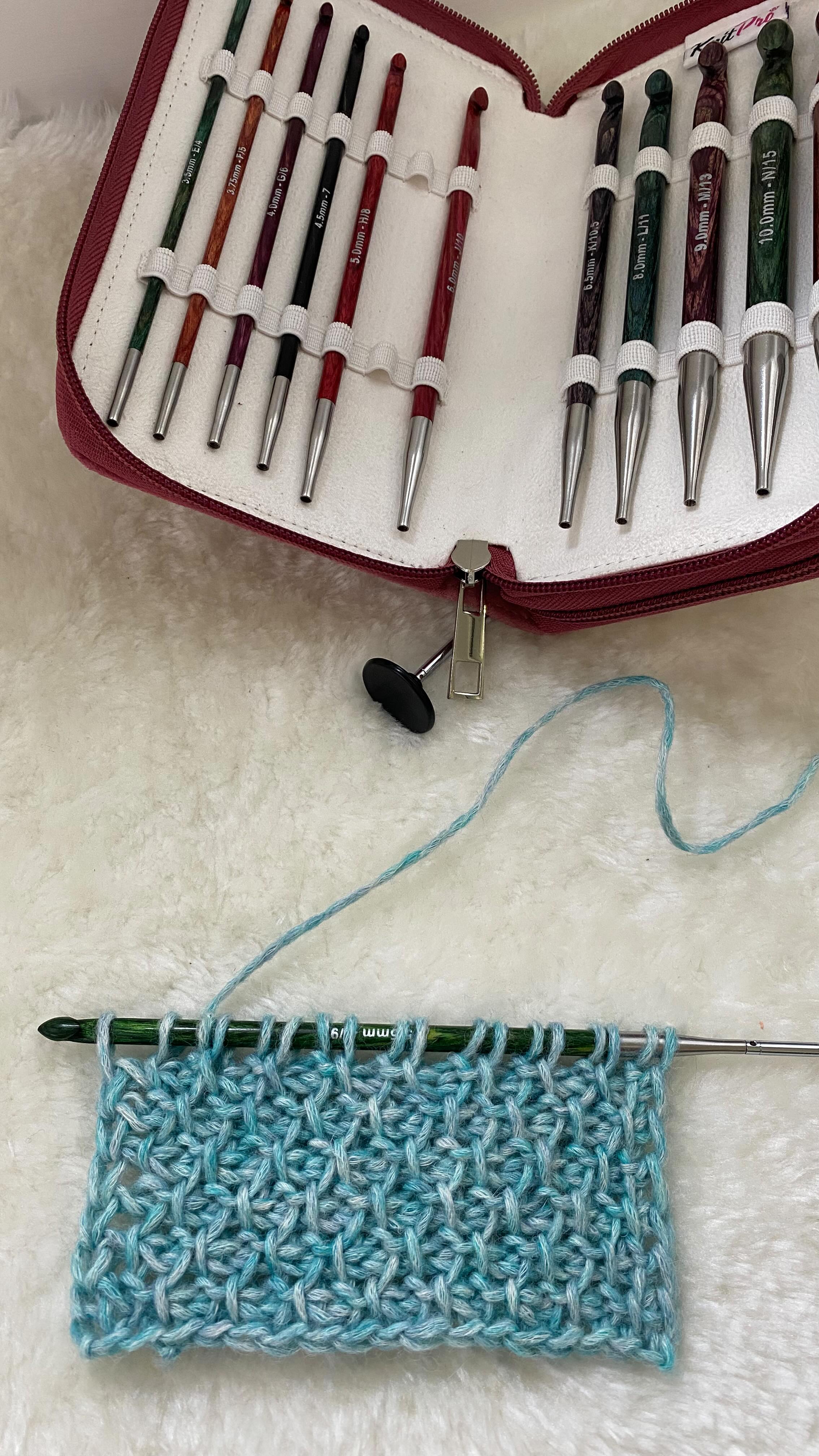 Instagram post by @exquisite.crochetuk for KnitPro. Caption reads: Let’s crochet the Tunisian Honeycomb stitch! This....