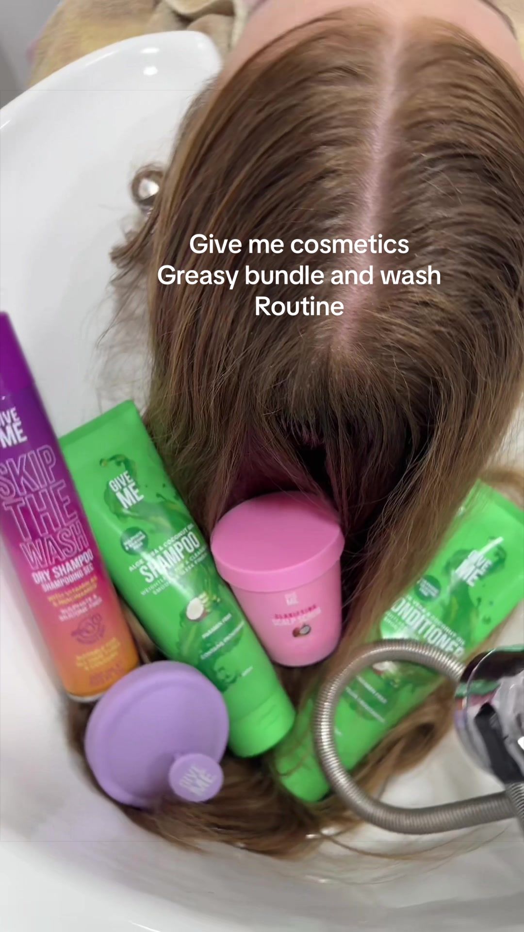 TikTok post by @suzyelliott4 for Give Me Cosmetics. Caption reads: Hair wash routine for greasy hair @Give Me....