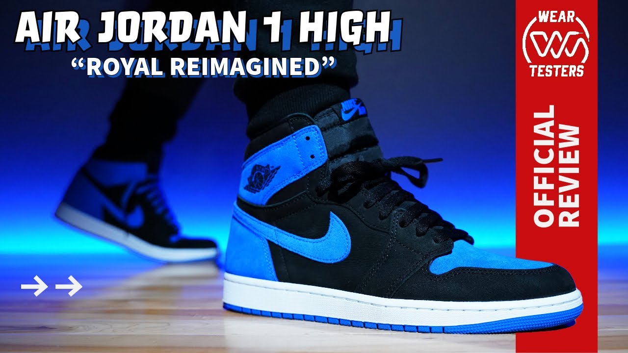 YouTube post by @WearTesters for Sole Premise. Caption reads: Air Jordan 1 High OG Royal Reimagined.
