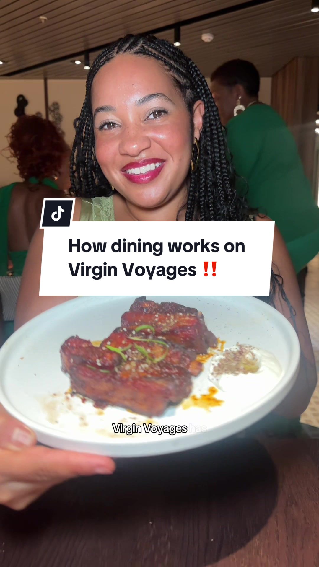 TikTok post by @taila.thecreator for Virgin Voyages. Caption reads: My dining recommendations for Virgin Voyages....
