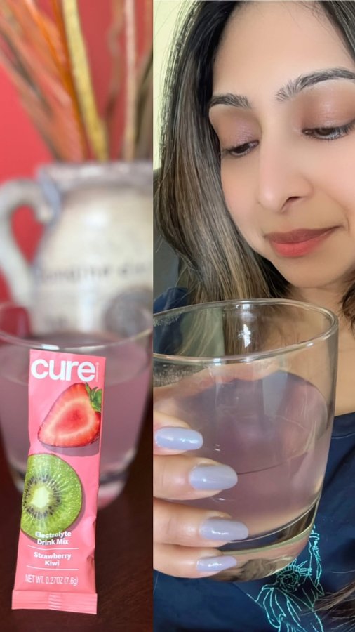 Instagram post by @fashionikstyle_ for Cure Hydration. Caption reads: 🧉🫗 • Electrolyte Drink Mix Hydrating electrolyte....