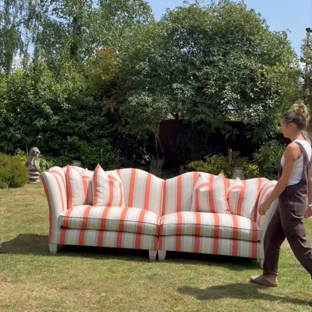 Instagram post by @pucciupholstery for Linwood Fabric. Caption reads: ad ✨Sofa Reveal✨ when I saw those curves on....