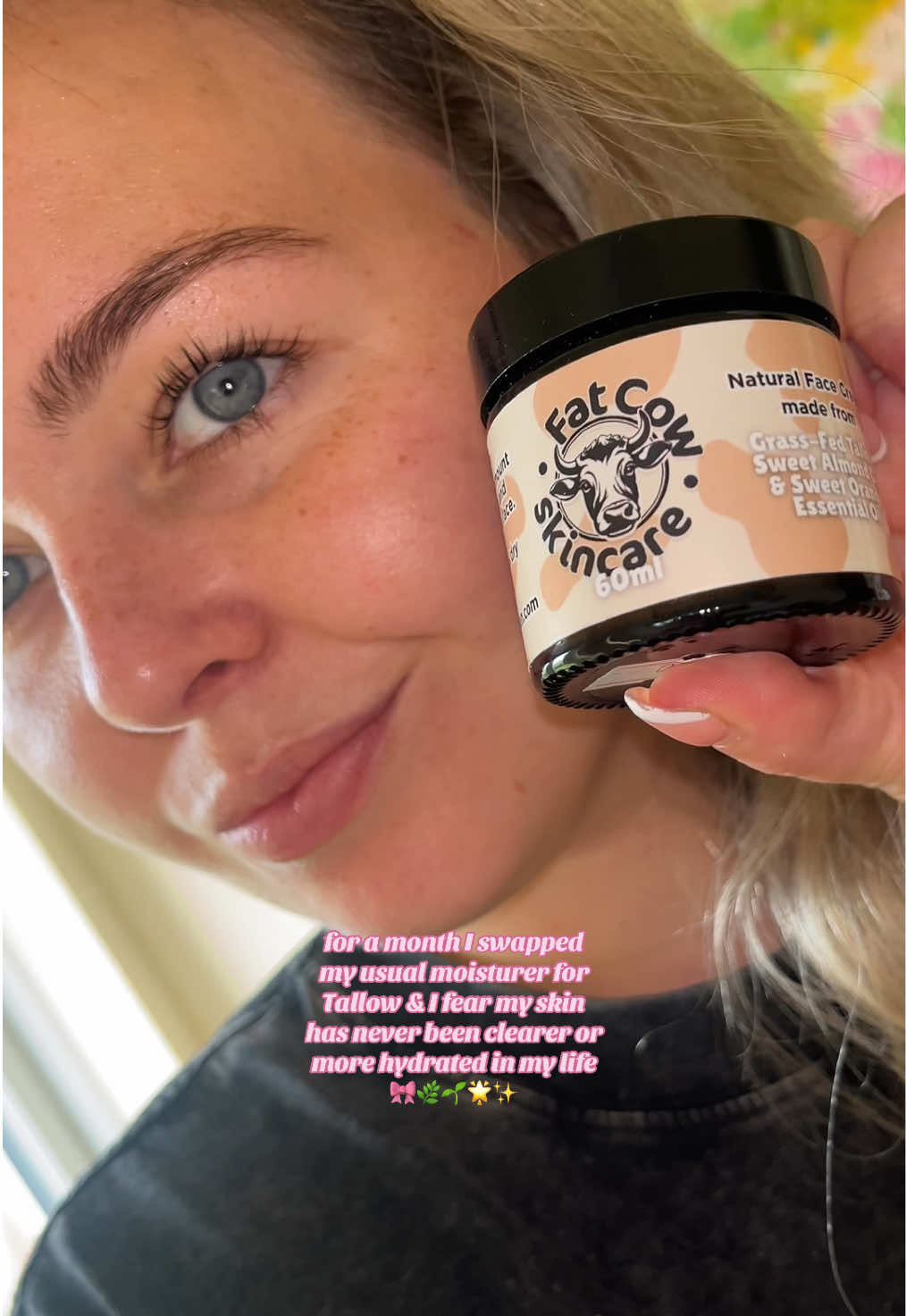 TikTok post by @ugcwithrio for Fat Cow Skincare. Caption reads: never going back! @Fat Cow Skincare has saved my....