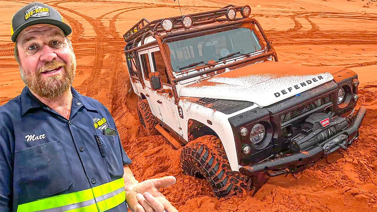 YouTube post by @MattsOffRoadRecovery for Rugged Radios. Caption reads: This Defender Got Sand in the Engine?! What....
