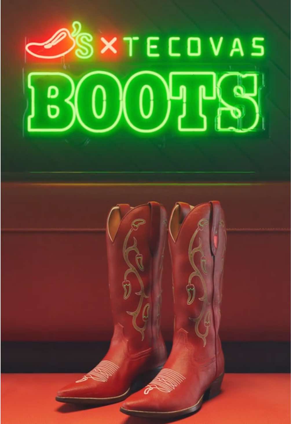 TikTok post by @chilisofficial for Tecovas. Caption reads: Chili’s x @Tecovas Booth Boots… yes, you read that....