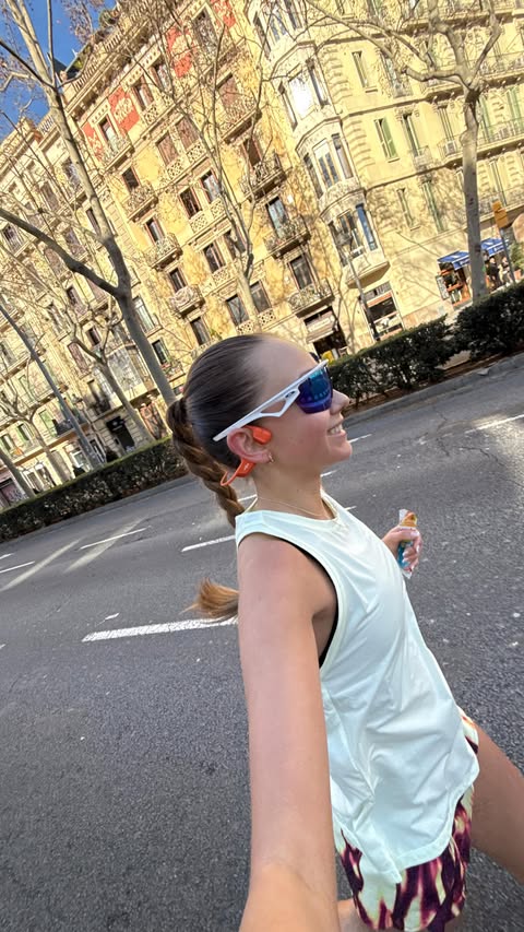 Instagram post by @oliviaeloisa_ for Brooks Running. Caption reads: Eventful day at Barcelona Half with....