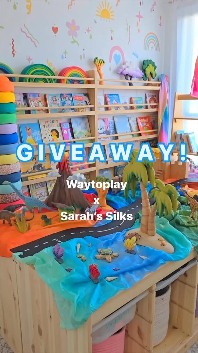 Instagram post by @waytoplaytoys for Sarah’s Silks. Caption reads: [...] Play Giveaway 🌈🚙🌴 @waytoplaytoys &....