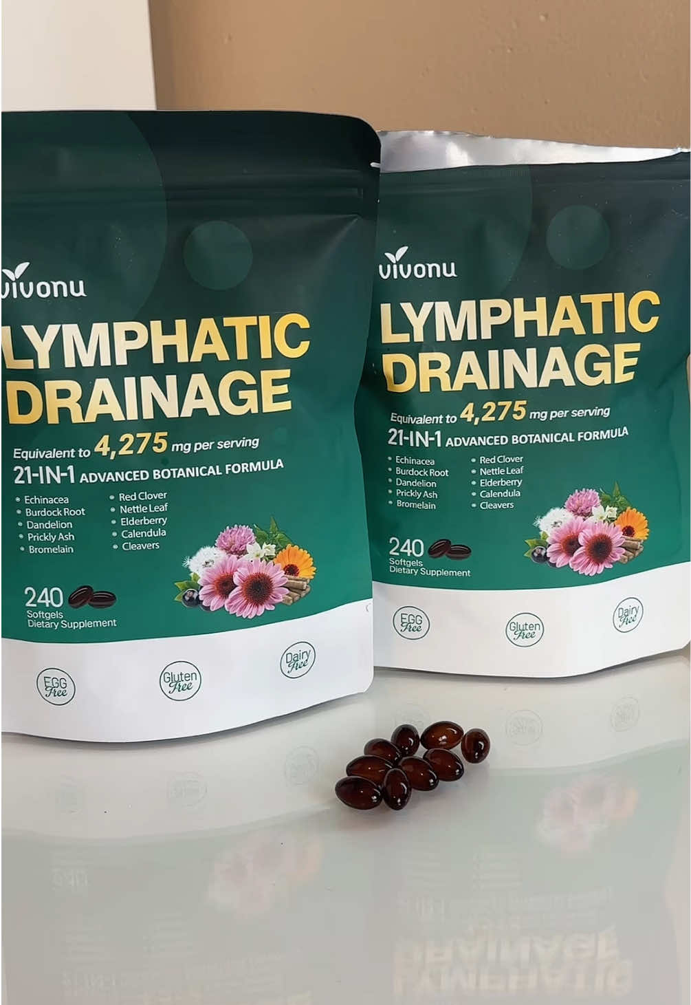 TikTok post by @ainemarie1 for Vivonu. Caption reads: Lymphatic Drainage Soft Gels @VIVONU_official @The....