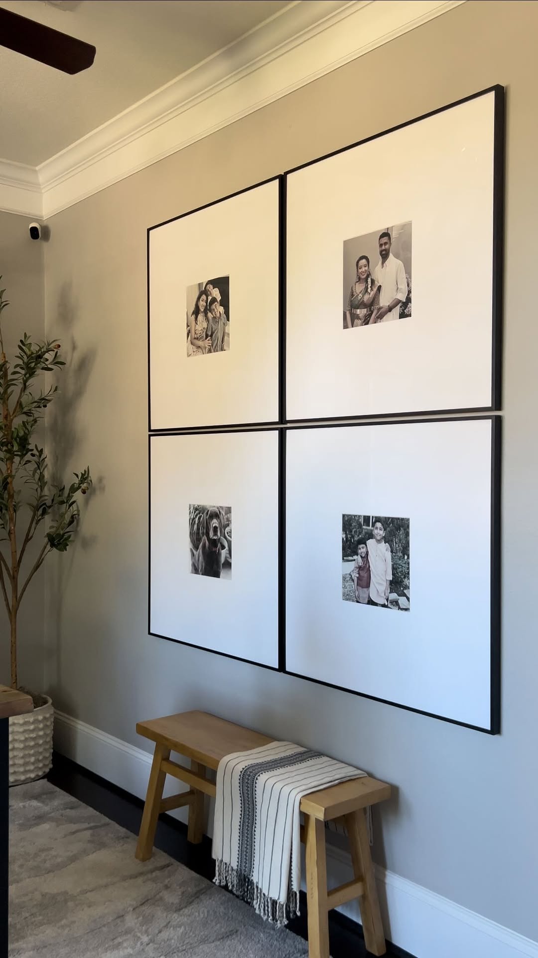 Instagram post by @swes_decornmore for Frame It Easy. Caption reads: Gallery wall adds such a character to a large....