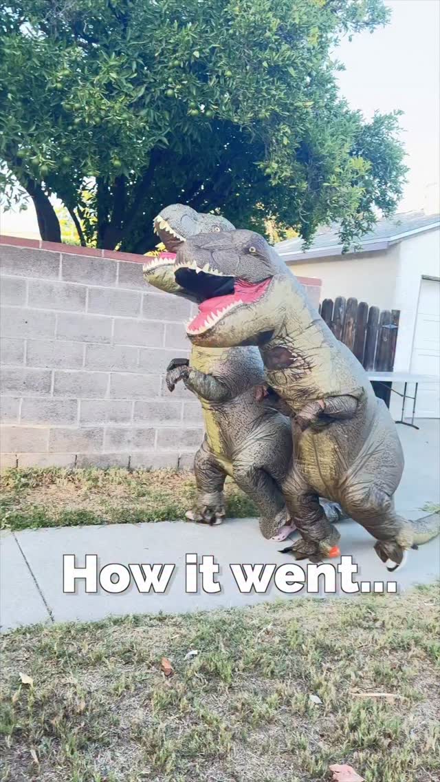 Instagram post by @ourfamilyvine for Party City. Caption reads: 🦖 When a “quick race” turns into a full-on Dino....