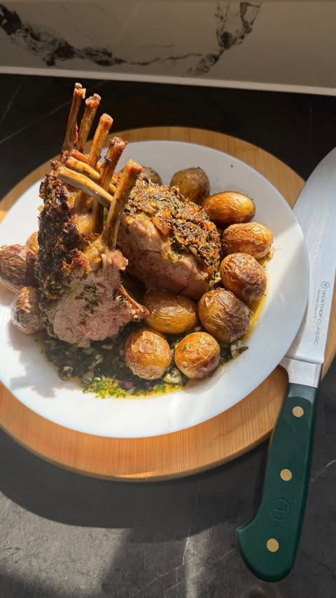 Instagram post by @therealchadli for WÜSTHOF. Caption reads: The perfect date night spread. Herb-crusted rack....