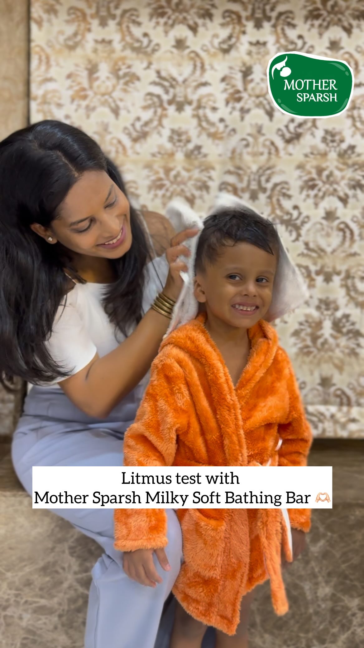 Instagram post by @yuvan_jain13 for Mother Sparsh. Caption reads: ✨ Gentle care, happy skin! 🌸 My little one’s bath....