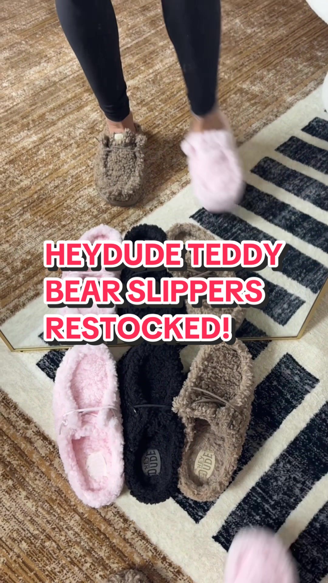 TikTok post by @kenlye.altum for HEYDUDE. Caption reads: The viral Heydude teddy bear slippers are BACK....