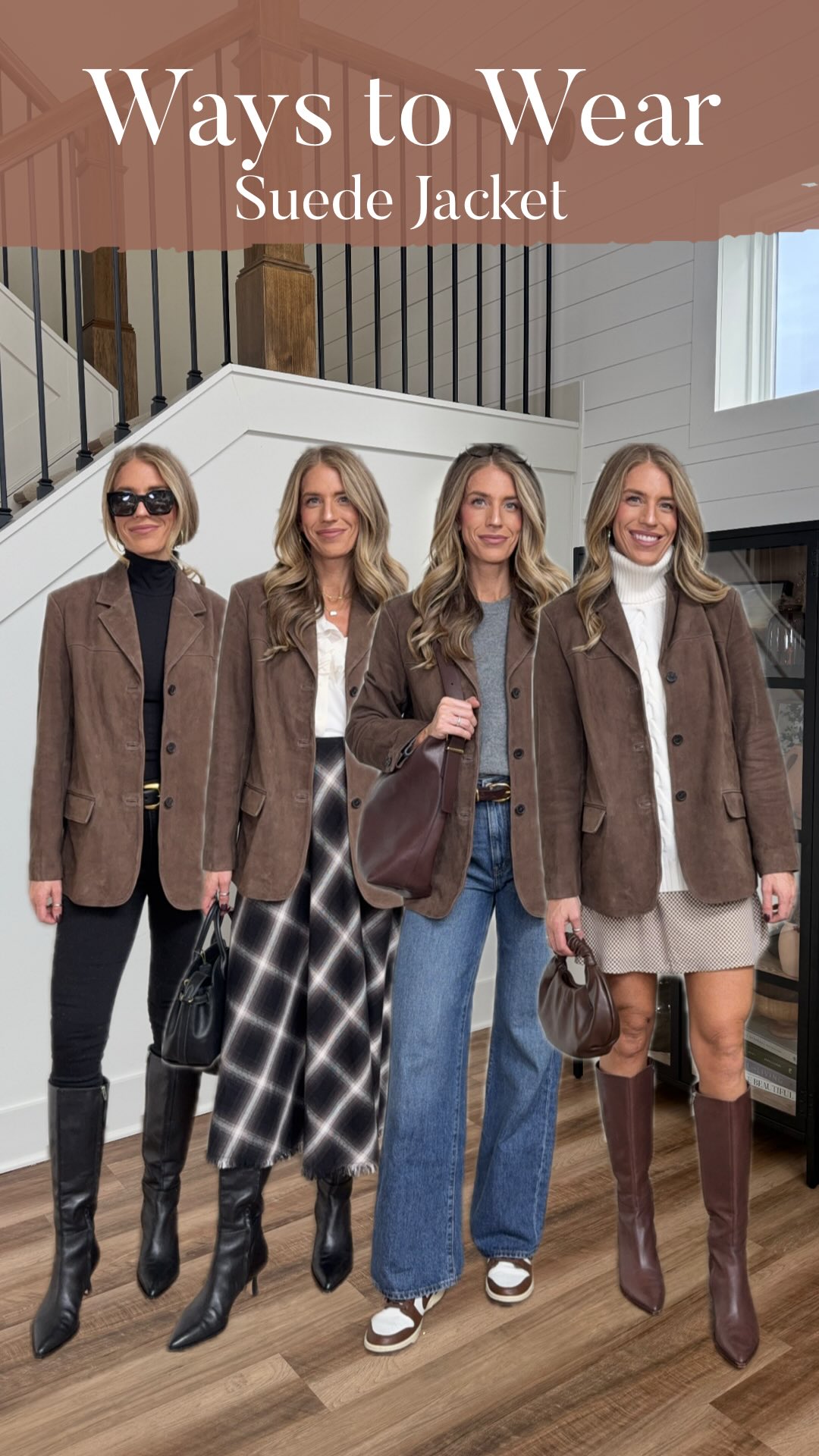 Instagram post by @tallblondebell for Aritzia. Caption reads: One suede jacket styled 4 ways 🤎 How would you....