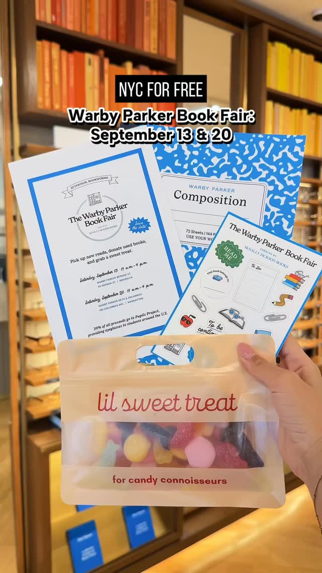 Instagram post by @nyc_forfree for Warby Parker. Caption reads: @WarbyParker is hosting Book Fairs this September....