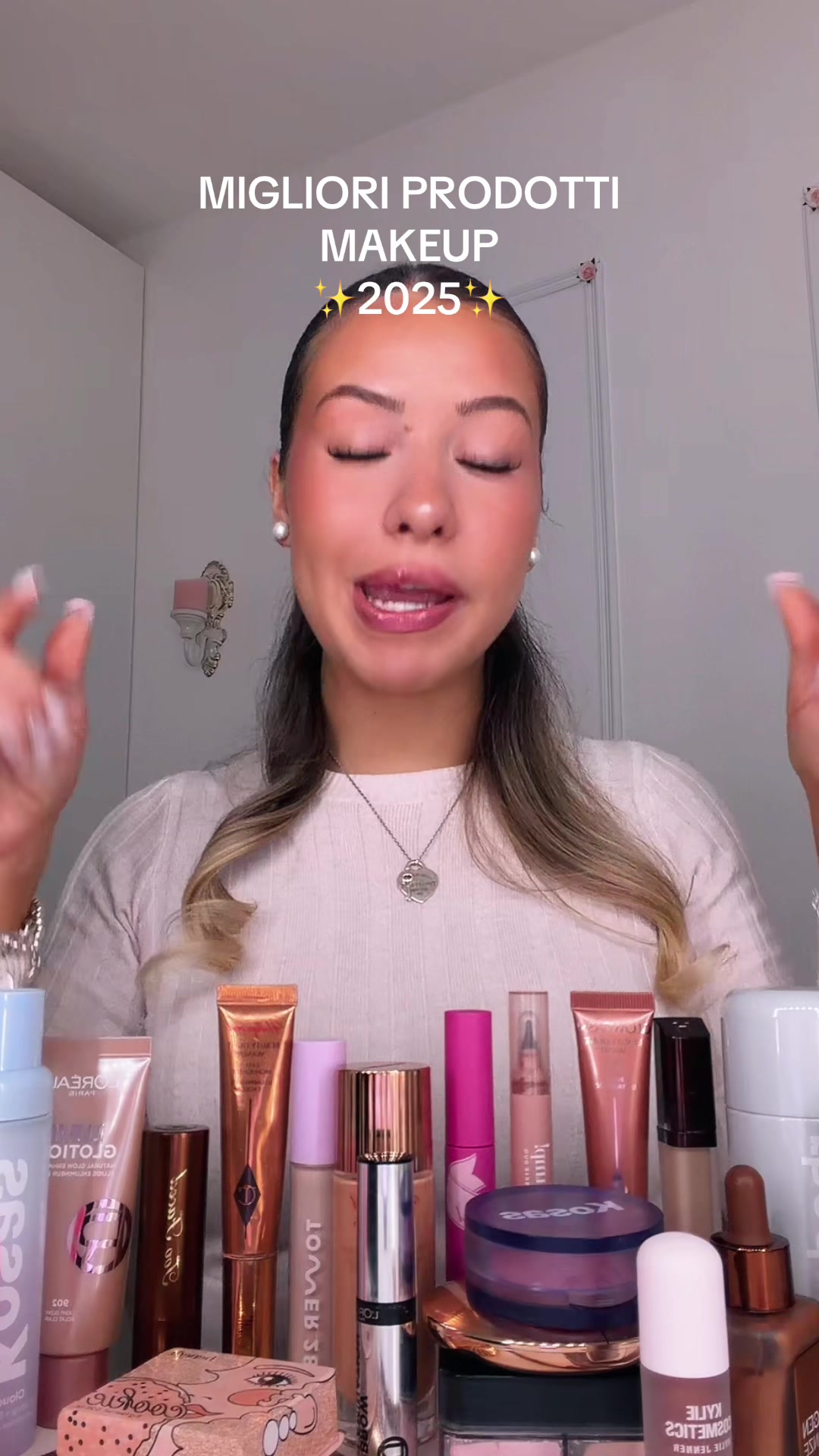 TikTok post by @maurinorebecca for Too Faced. Caption reads: [...] @Hourglass Cosmetics @kosas @Natasha Denona....