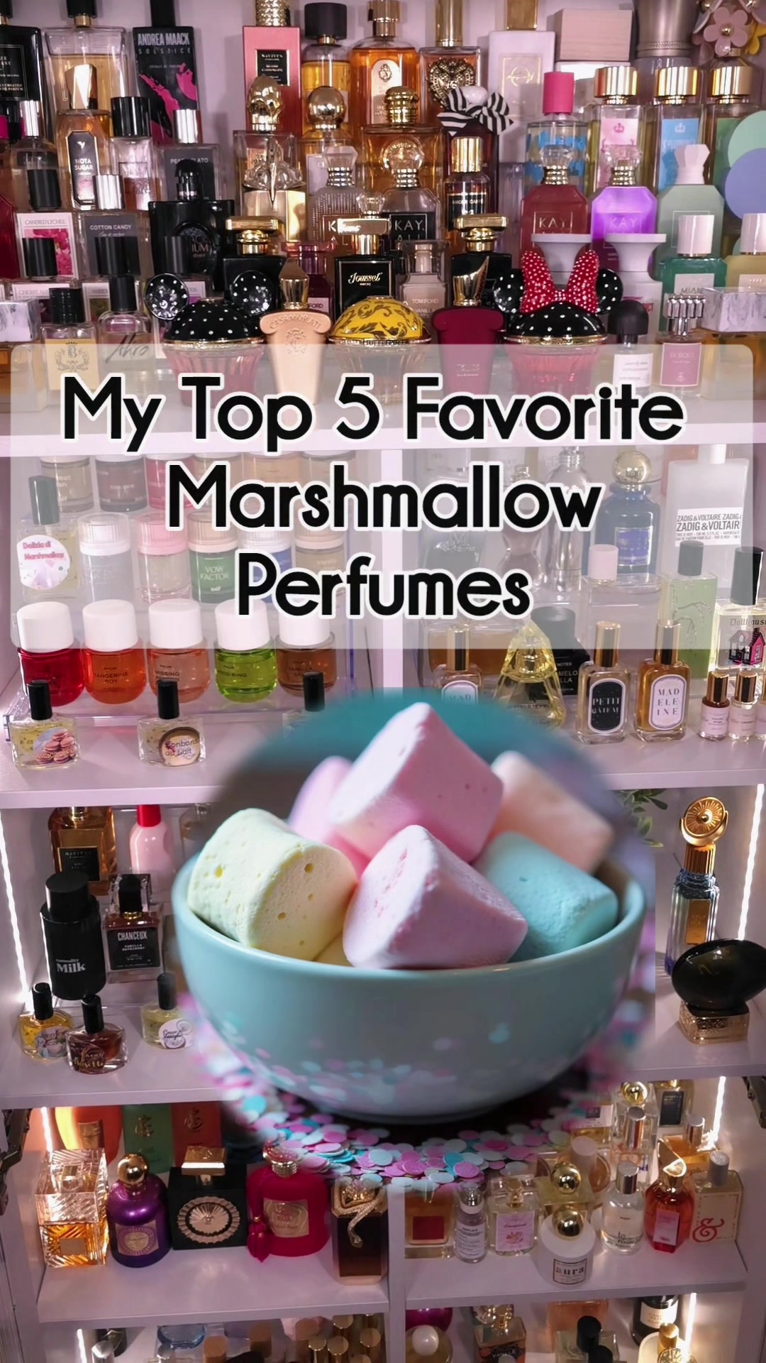 TikTok post by @gourmandluv for Commodity Fragrances. Caption reads: My Top 5 Marshmallow Perfumes ✨️  @Commodity....