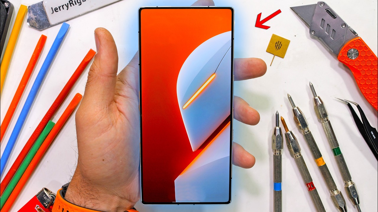 YouTube post by @JerryRigEverything for iFixit. Caption reads: The Coolest smartphone I've ever held - (Not....